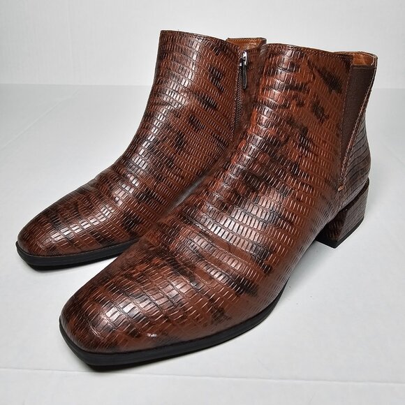 Franco Sarto Nico Ankle Boots Faux Croc Espresso Brown Block Heel Size 10 - Picture 2 of 11